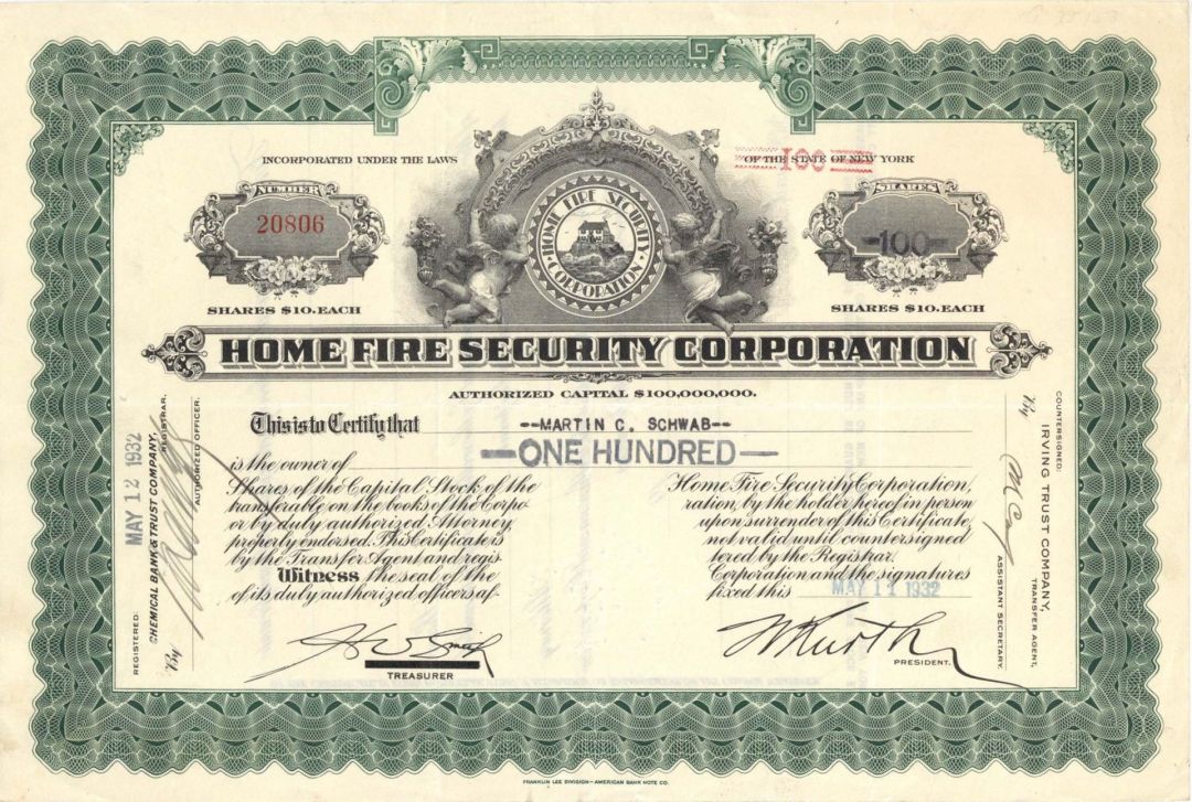 Home Fire Security Corp.  - 1932 dated Stock Certificate