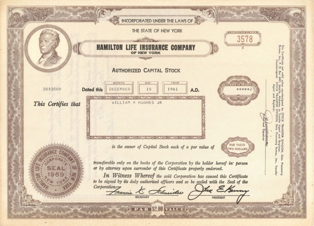 Hamilton Life Insurance Co. of New York - 1961 or 1964 dated Stock Certificate