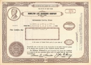 Hamilton Life Insurance Co. of New York - 1961 or 1964 dated Stock Certificate
