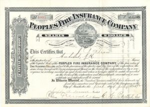 Peoples Fire Insurance Co. of Manchester, New Hampshire - 1892  dated Stock Certificate
