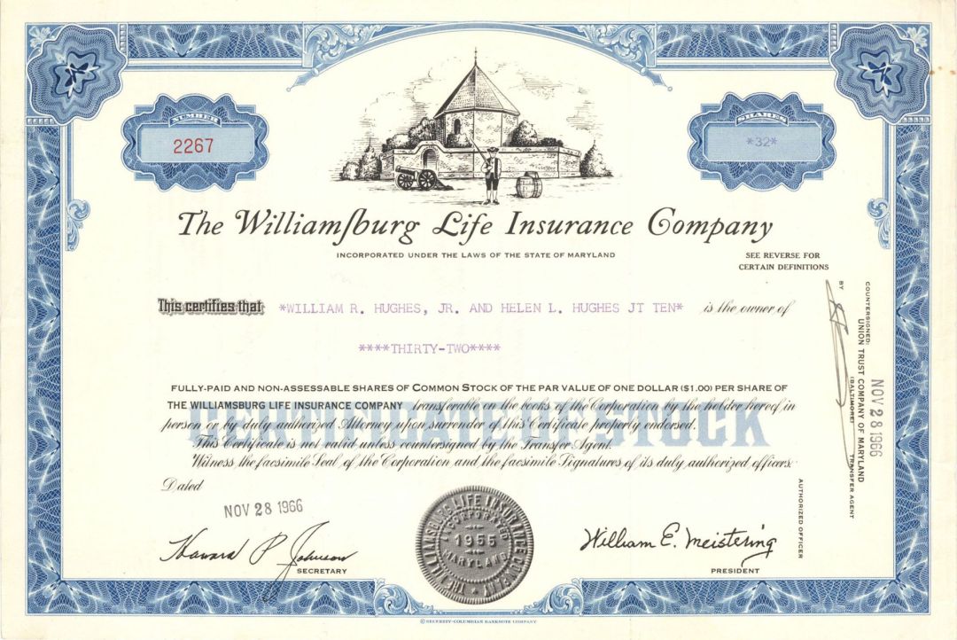 Williamsburg Life Insurance Co. - 1966  dated Stock Certificate