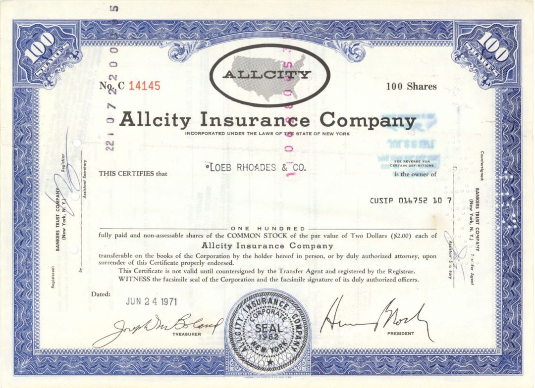 Allcity Insurance Co. - 1971 dated Stock Certificate