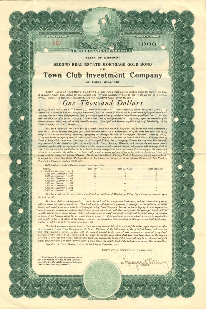 Town Club Investment Co. - $1,000 Bond