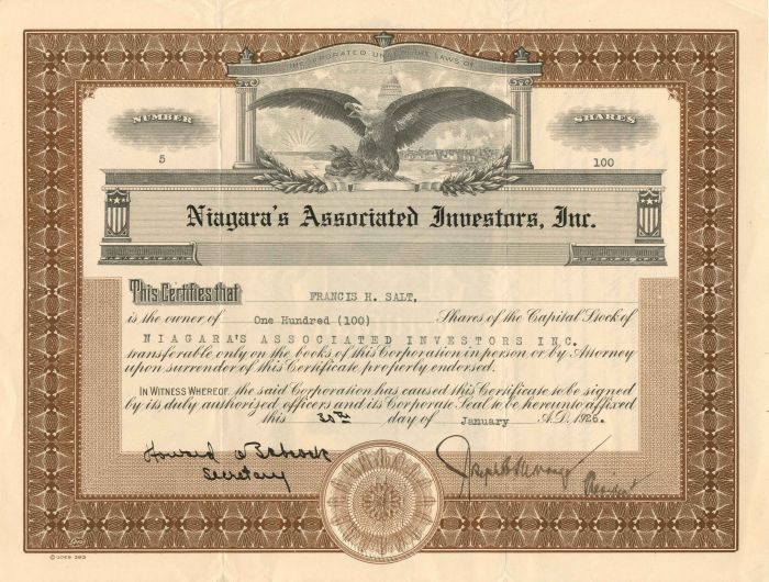 Niagara's Associated Investors, Inc. - Stock Certificate