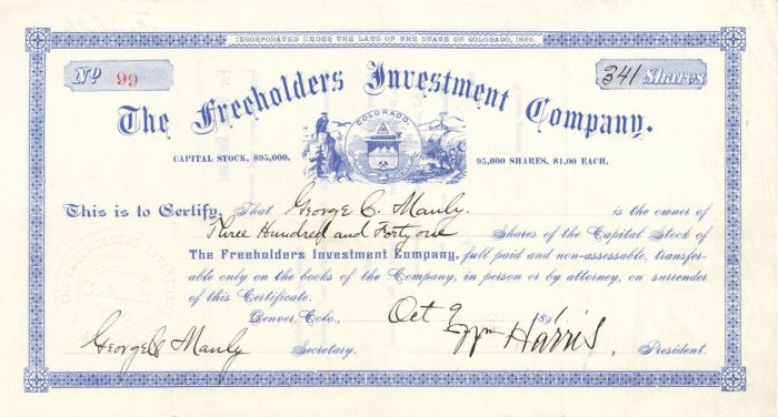 Freeholders Investment Co. - Stock Certificate