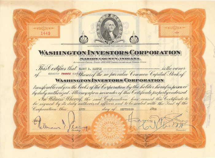 Washington Investors Corporation - Stock Certificate