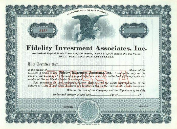 Fidelity Investment Associates, Inc. - Stock Certificate - Maybe Linked to Fidelity Investments