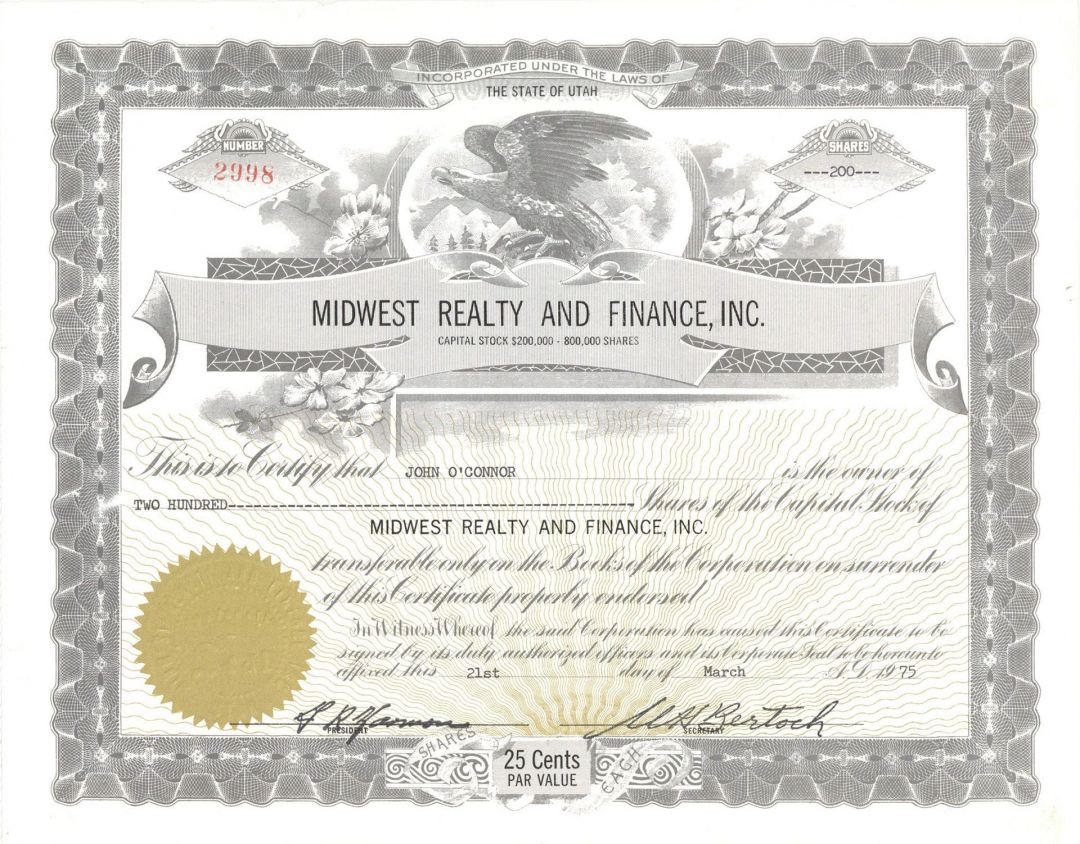 Midwest Realty and Finance, Inc. - Investment Stock Certificate