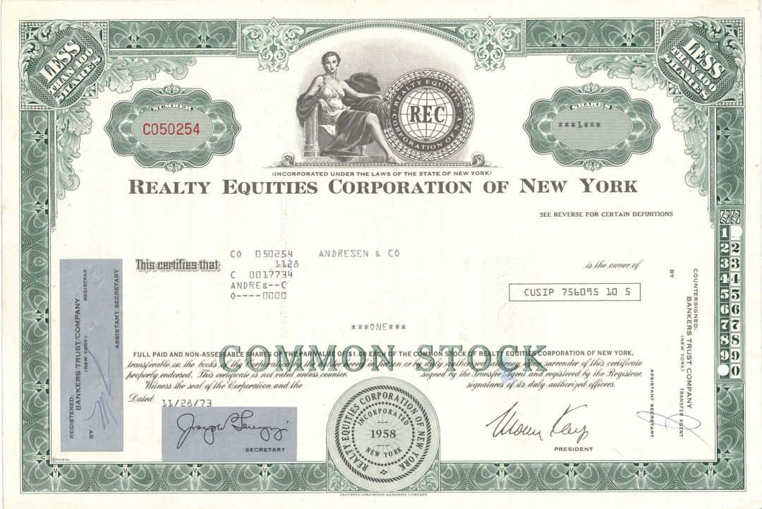 Realty Equities Corporation of New York - Stock Certificate