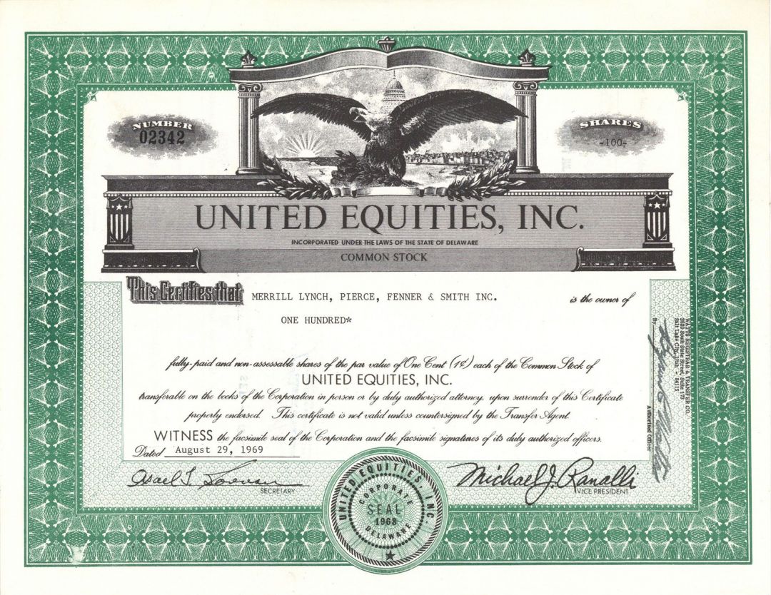 United Equities, Inc. - 1969-1970 dated Financial Firm Stock Certificate