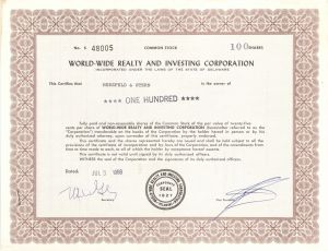 World-Wide Realty and Investing Corp. - Stock Certificate