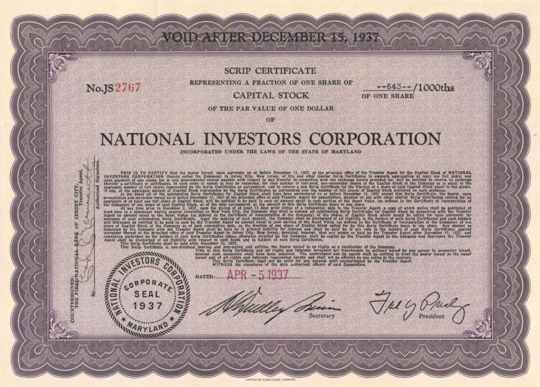 National Investors Corporation - 1937 dated Stock Certificate