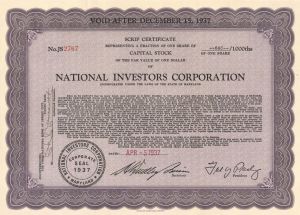 National Investors Corp. - Stock Certificate