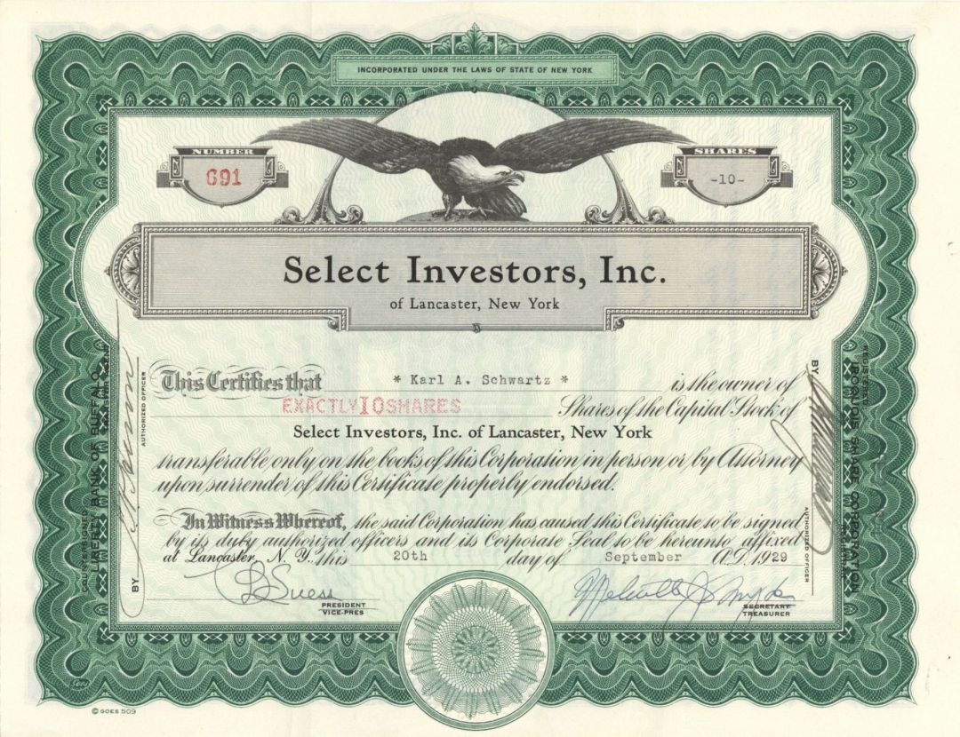 Select Investors, Inc. - 1929 dated Stock Certificate - Year of the Great Stock Market Crash
