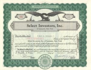Select Investors, Inc. - 1929 dated Stock Certificate - Year of the Great Stock Market Crash