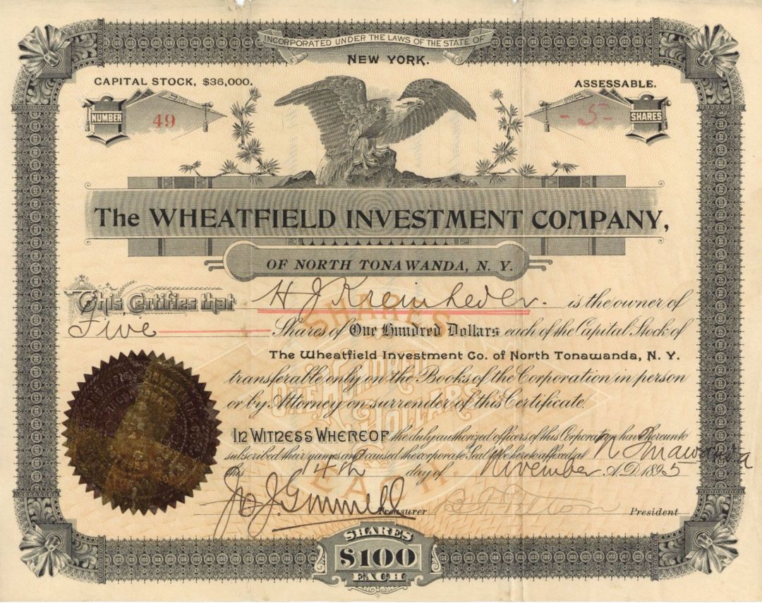 Wheatfield Investment Co. - Stock Certificate