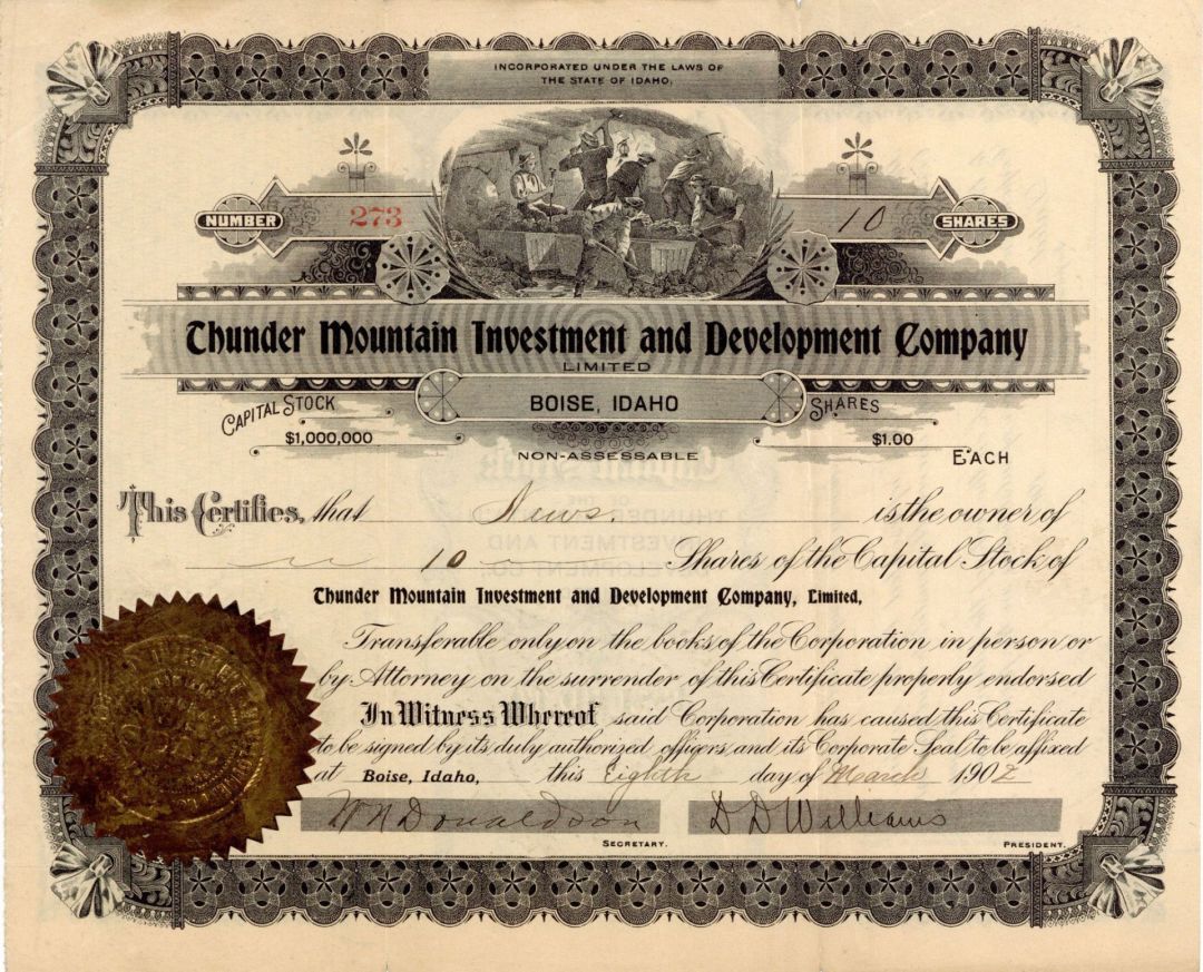 Thunder Mountain Investment and Development Co. Limited - 1902 Investment Stock Certificate
