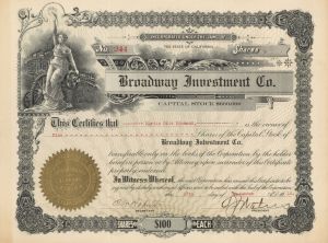 Broadway Investment Co. - 1918 dated Stock Certificate