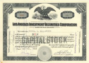 Los Angeles Investment Securities Corp. - 1929 dated Stock Certificate