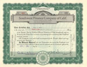 Southwest Finance Company of Calif. - 1930 dated Stock Certificate