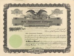Bolo Investment Co.  - 1910 dated Stock Certificate