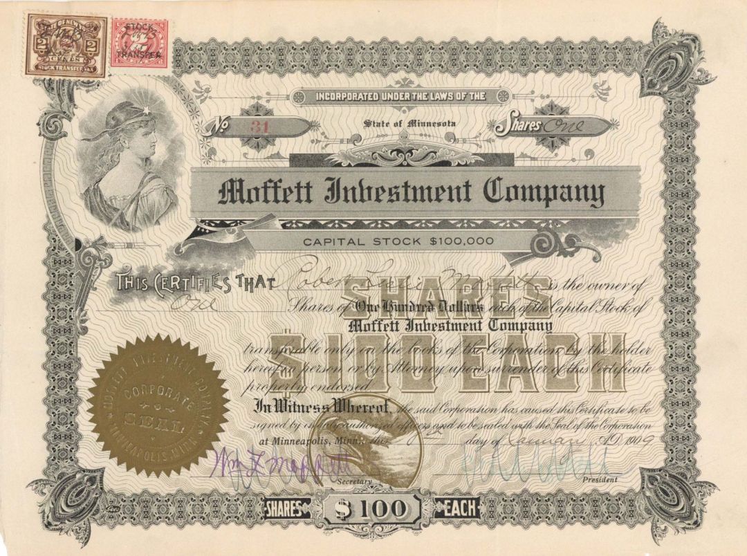 Moffett Investment Co.  - 1909 dated Stock Certificate