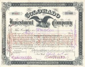 Colorado Investment Co.  - 1885 dated Stock Certificate