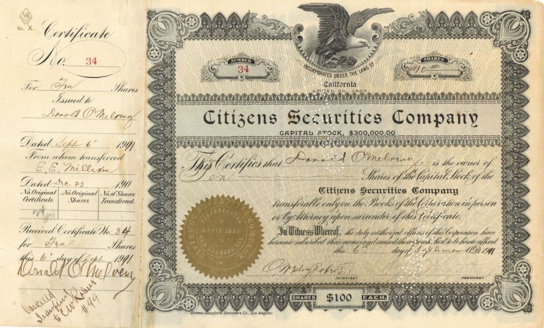 Citizens Securities Co. - 1911 dated Stock Certificate