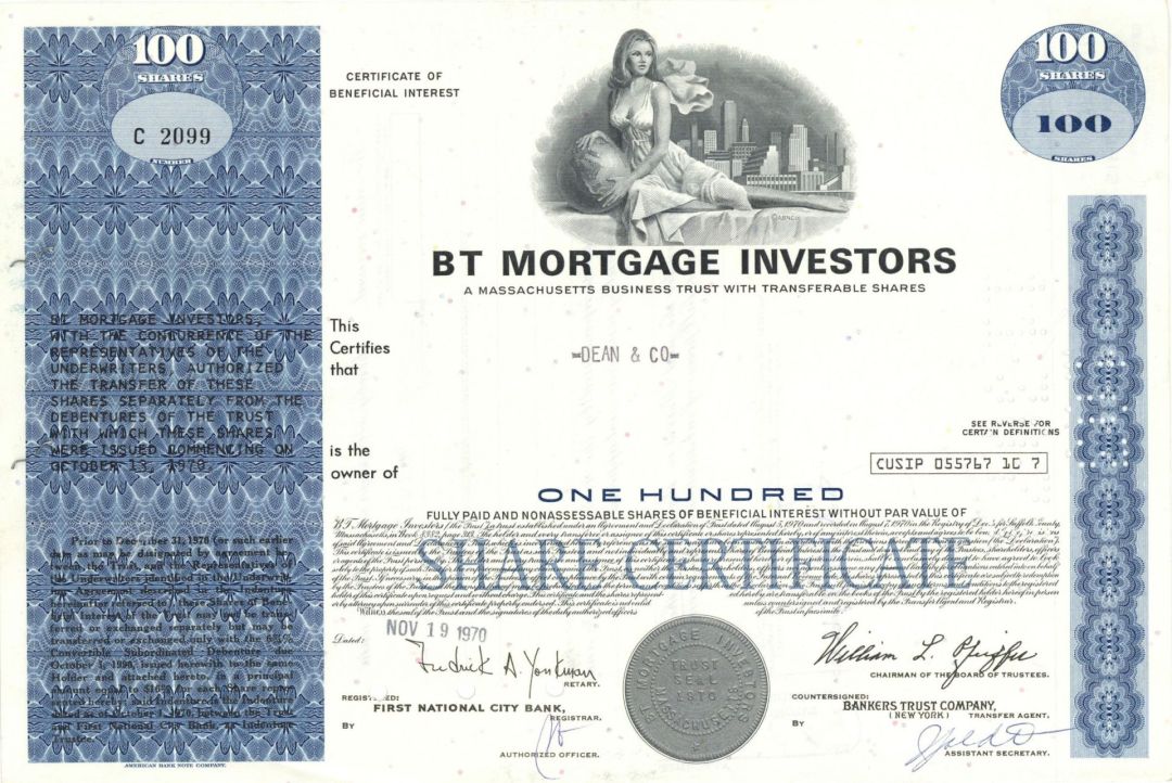 B T Mortgage Investors - 1970 or 1971 dated Stock Certificate