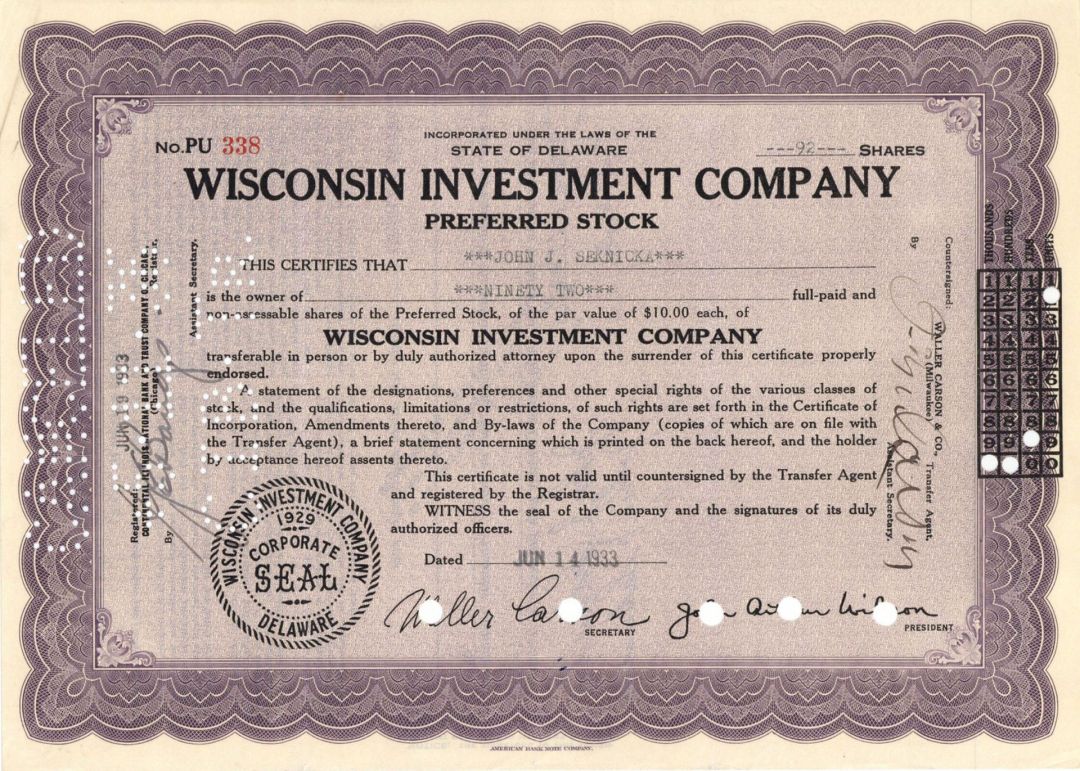 Wisconsin Investment Co. - 1933 dated Stock Certificate