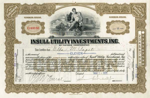 Samuel Insull, Jr. - Insull Utility Investments Inc. - Stock Certificate (Uncanceled)