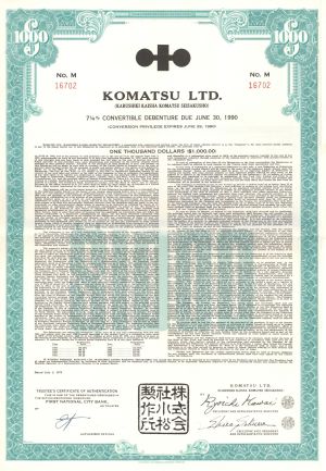 Komatsu Ltd. - 1975 dated Japanese $1,000 Bond - Kabushiki Kaisha Komatsu Seisakusho