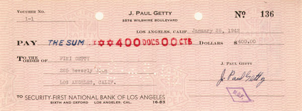 J. Paul Getty signed check - The Man behind the Movie "All the Money in the World"