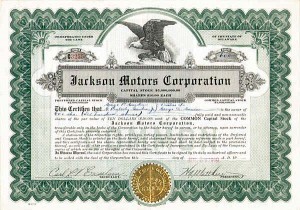 Jackson Motors Corp - Stock Certificate (Uncanceled)