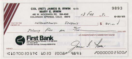 James B. Irwin - Astronaut signed check (Uncanceled)