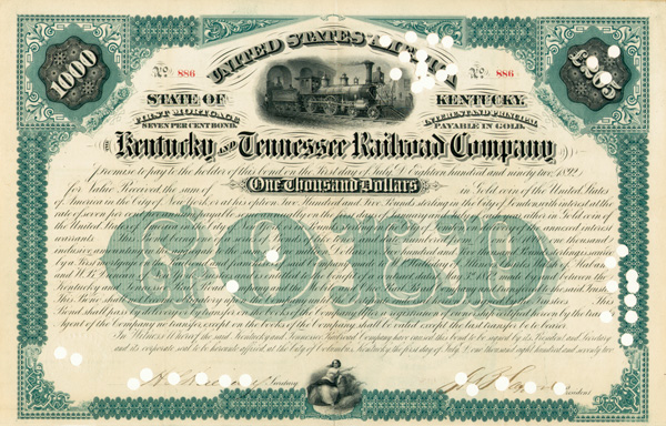 Kentucky and Tennessee Railroad Co. - $1,000 Bond