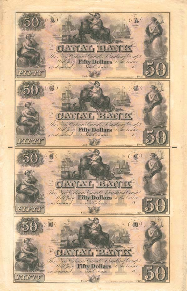 $50 Canal Bank - Uncut Obsolete Sheet of 4 Notes - Broken Bank Notes - Paper Money