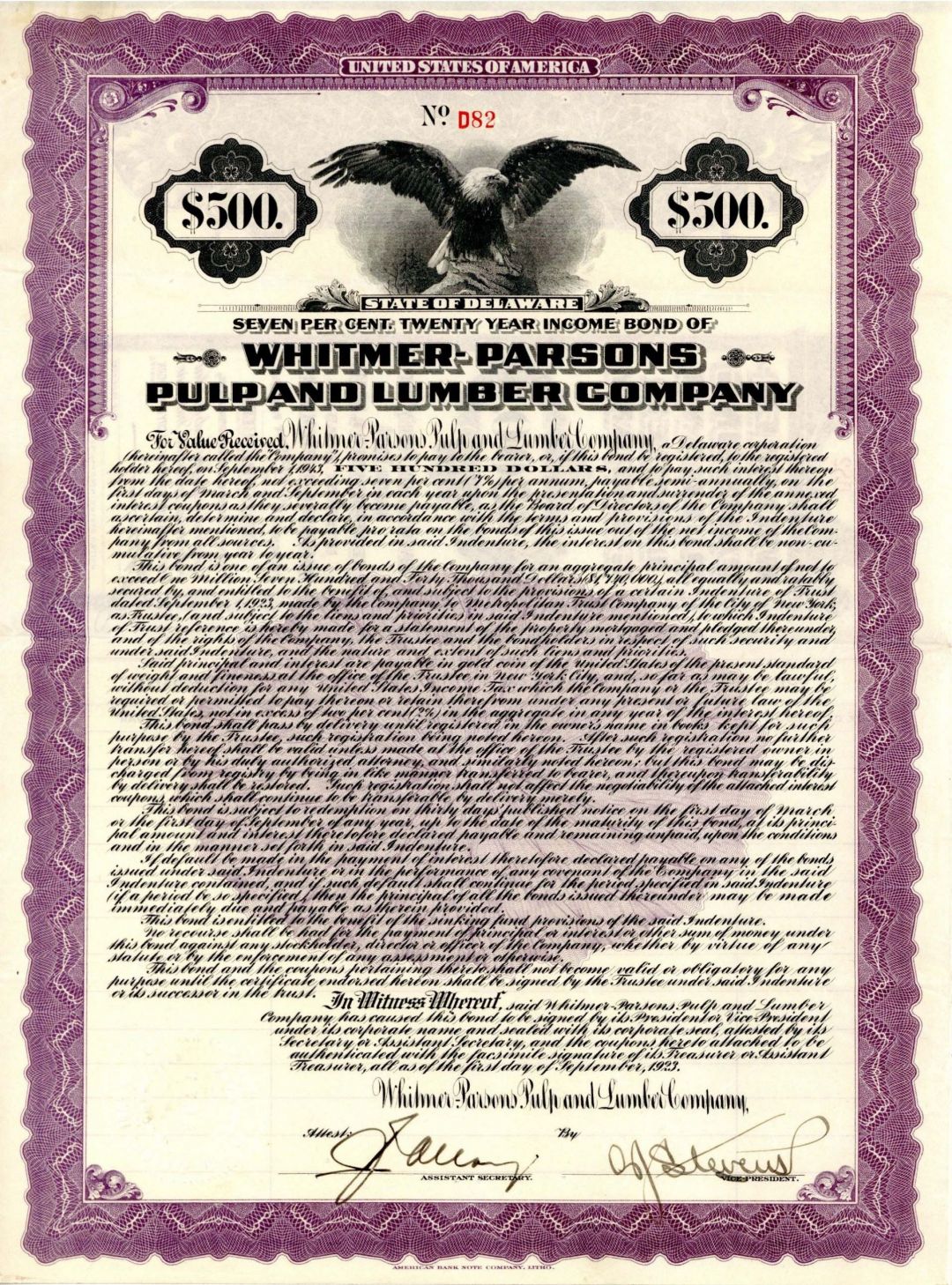 Whitmer-Parsons Pulp and Lumber Co. - $500 or $100 Bond
