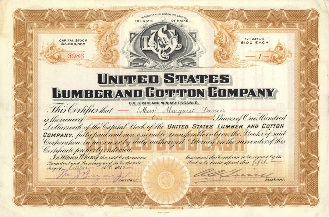 United States Lumber and Cotton Co. - Stock Certificate