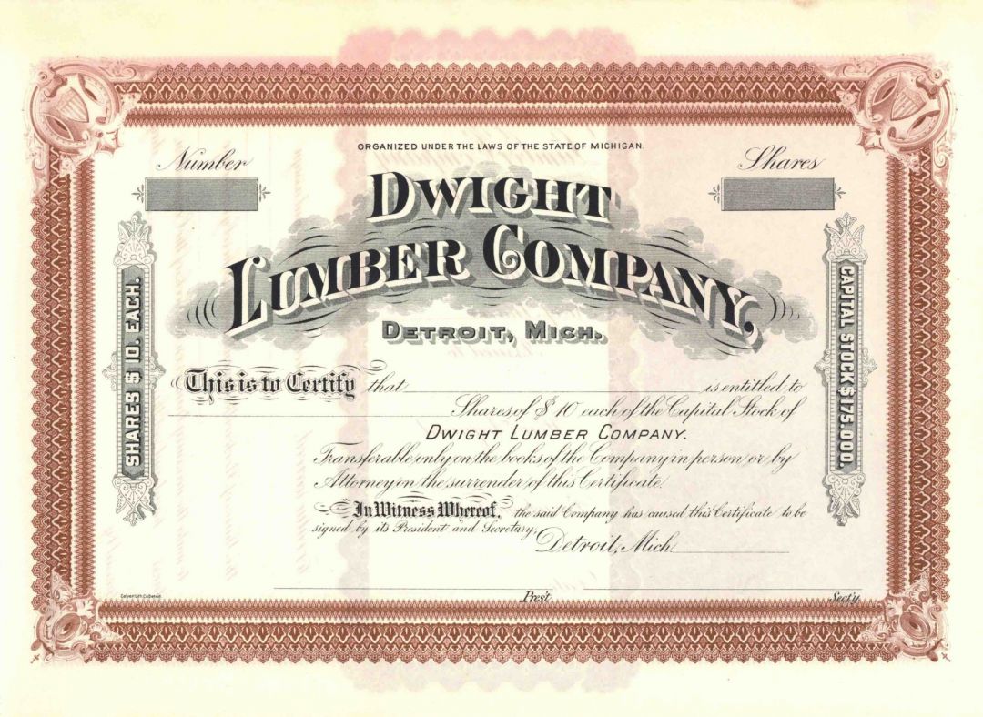 Dwight Lumber Co. - Connection to John Christian Lodge - Detroit, Michigan Unissued Stock Certificate