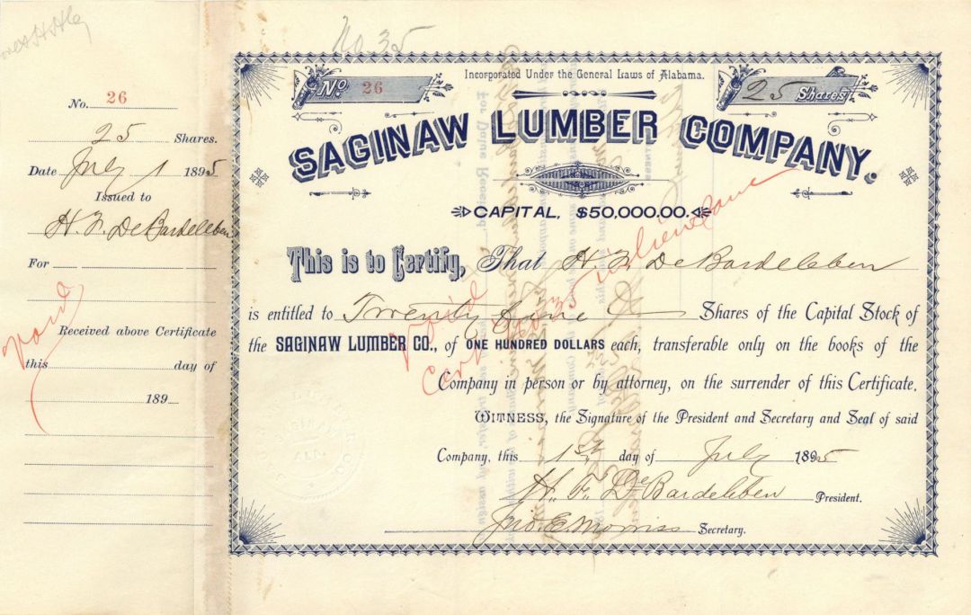 Saginaw Lumber Co. - 1895 dated Stock Certificate