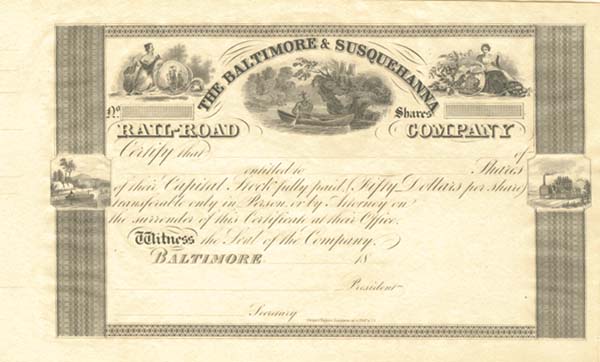 Baltimore and Susquehanna Railroad - Unissued Stock Certificate