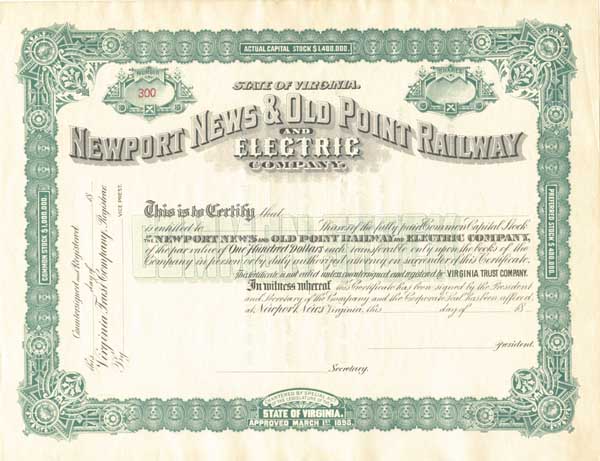 Newport News and Old Point Railway and Electric Co. - Stock Certificate