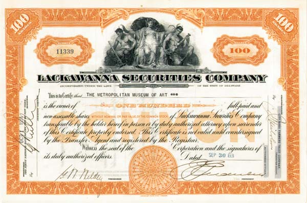 Metropolitan Museum of Fine Arts - Lackawanna Securities Co. - Stock Certificate