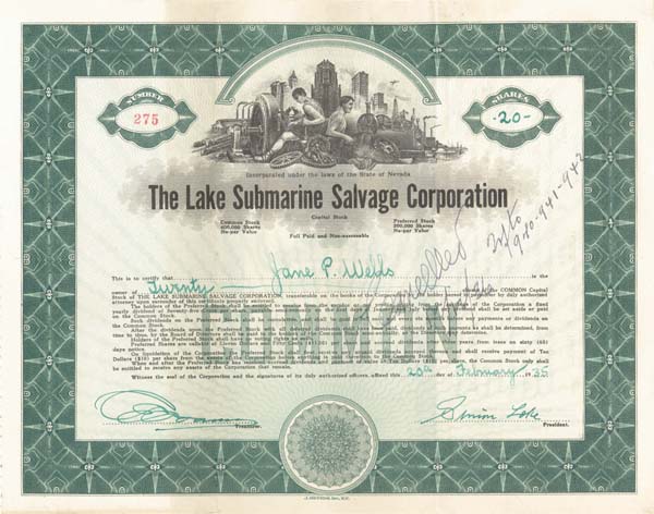 Simon Lake - Lake Submarine Salvage - Stock Certificate (Uncanceled)