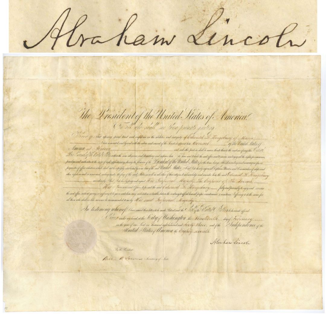 Abraham Lincoln signed Appointment to Edward L. Kingsbury of Maine - 1863 dated Presidential Autograph