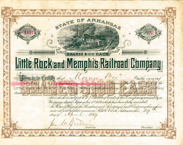 Little Rock and Memphis Railroad Co. - Stock Certificate