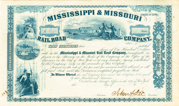 General John A. Dix - Mississippi and Missouri Railroad - Stock Certificate