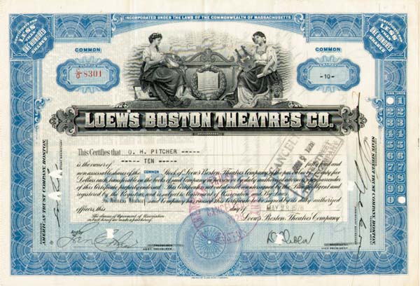 Loew's Boston Theatres Co - Stock Certificate