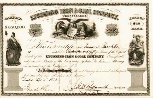 Lycoming Iron and Coal Co. - Stock Certificate